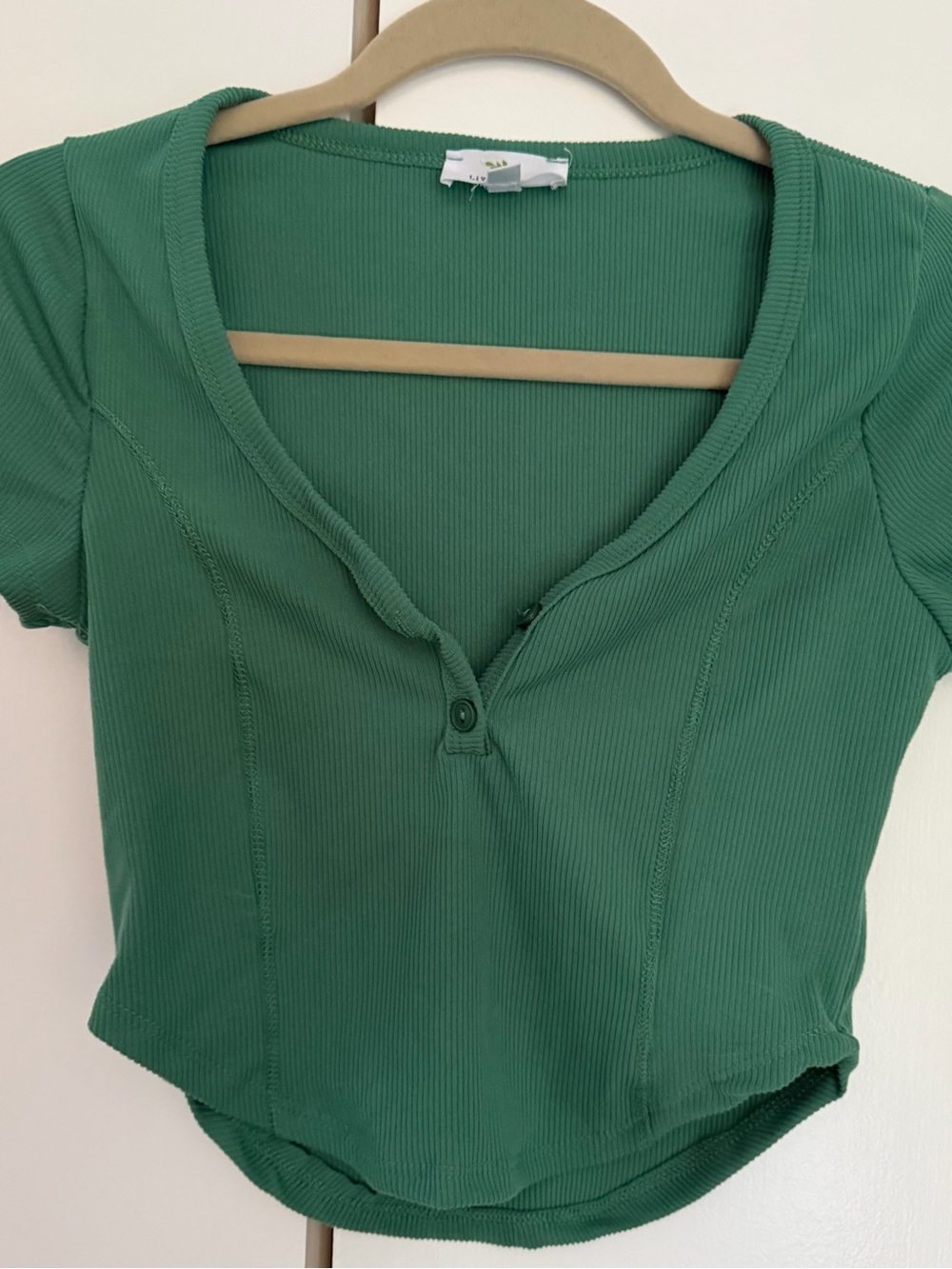 Green Ribbed Short Sleeve Henley Top